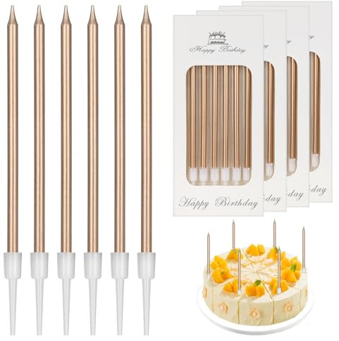LFBEST Birthday Candles for Cakes, 24Pcs Champagne Candles Birthday Cake Thin Long Birthday Candles with Holders for Birthday Cake Baby Shower Cake Wedding Party Decoration (Champagne)