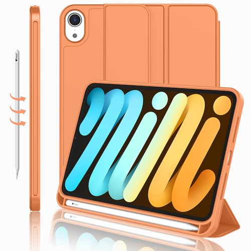 iMieet iPad Mini 7 Case 2024 (A17 Pro), iPad Mini 6 Case (8.3-Inch,2021 Model), iPad Mini 7th/6th Generation Case with Pencil Holder, Trifold Stand Smart Case with Soft TPU Back,Orange