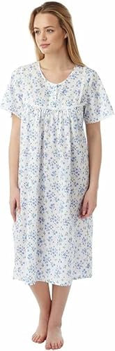 Womens Nightwear Cotton Floral Print Short Sleeve Front Button Opening Ladies Nighties with Lace - Pink Blue Lilac Nightdresses for Women UK Size 10-30 MN11 (Blue, 28-30)