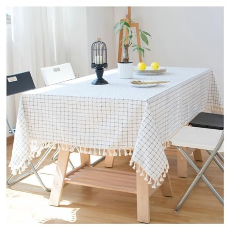 Lieson Nappe Rectangulaire Polyester, Nappe Table Lavable Carreaux avec Pompons Nappe pour Tables de Maison, Restaurant, Café et Hôtel Blanc Bleu, 140 x 140 CM