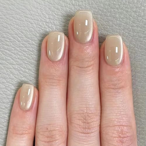 DMQ Cat Eye Press-on Nails Short, 10Pcs Square False Nail, Crystal Glitter Fake Nail with Nail Glue, Handmade Full Cover Stick on Nails for Women Girls Nails Art