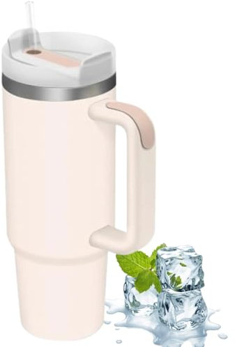 ActivoTex 30oz/900ml Stainless Steel Tumbler with Straw and Lid, Lid and Handle Leak Proof Vacuum Insulated Water Bottle (White)