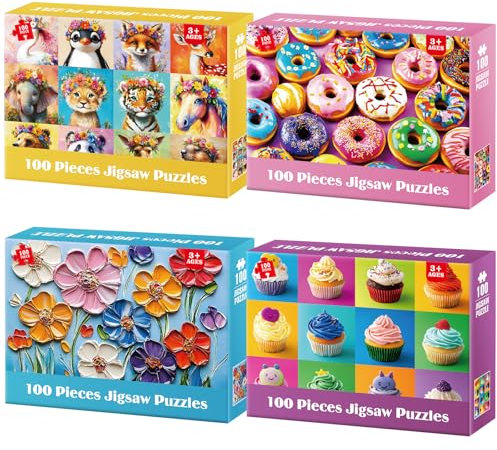 100 Teile Tierporträts und Donut-Puzzles für Kinder im Alter von 4–10 Jahren – großes pädagogisches Puzzle für Senioren – 4er-Pack