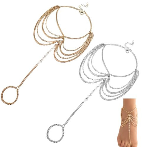 2 Stück Fußkettchen für damen, Fußkettchen, Wasserfest, fussketten für frauen, Mehrreihige Fußkette, Verstellbar, Filigraner Edelstahl Fußschmuck in Gold + Silber