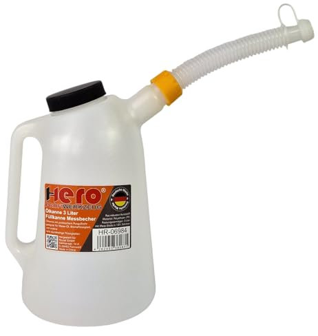 HERO Füllkanne Messkanne 3 Liter Messbecher Ölkanne mit flexiblem Ausgussstutzen und Deckel Kanister Wasserkanne Auto Ölwechsel Ausgießer KFZ Werkstatt Kanne