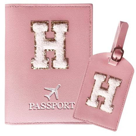 ZVRSUA Reisepasshülle Rosa und Kofferanhänger Set mit Buchstabe H, Passport Hülle Reise Gadgets und Travel Essentials Hülle Reisepass,Geschenk für Frauen/Teenager/Mädchen/Kind(H)