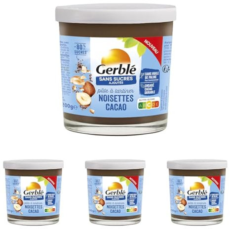 Gerblé Sans Sucres Ajoutés - Pâte à Tartiner Noisettes Cacao - Allégé en Sucres - Nutriscore C - Sans Huile de Palme - Engagé Cacao Durable - 200 g (Lot de 4)