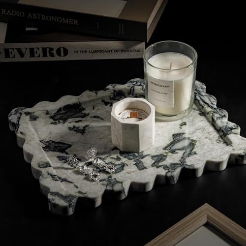 WORHE Marble Vanity Tray - Luxury Scalloped Rectangle for Jewelry, Perfume, Makeup, bathroom or Kitchen Counter - ColorCalacatta Viola green, Decorative for Home Decor WH048
