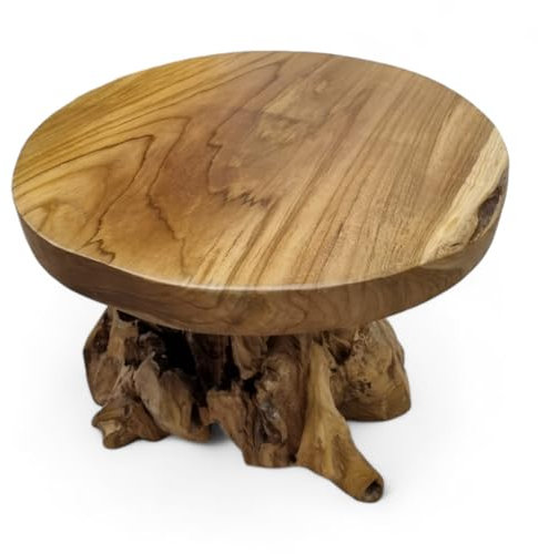 Kinaree Teakholz Beistelltisch JOMTIEN IV - 50cm runder Wurzelholz Baumstamm Hocker - Massivholz Blumenständer (40 cm/Tischplatte 4,5 cm)