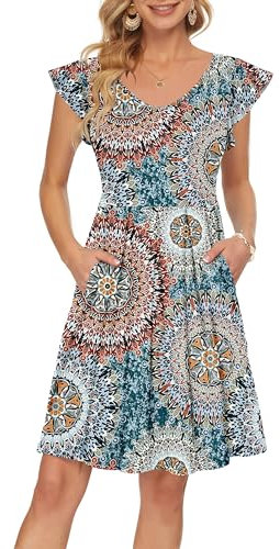 PLOKNRD Sommerkleid Damen V-Ausschnitt Midi Kleider mit Taschen Knielang Blütenblättern Kurzarm Freizeit Strandkleider Grün gedruckt L