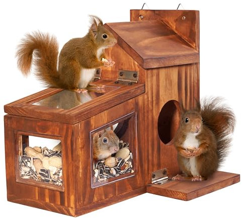 MIXUMON Mangeoire en bois pour écureuils pour l'extérieur l'hiver, mangeoire en bois pour maïs, cacahuètes, boîte durable, facile à remplir avec panneau supérieur amovible