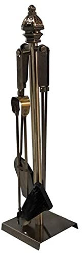 Juego de herramientas para chimenea de 5 piezas antiguas con cepillo para póquer, pinzas de base resistente, soporte de 28 pulgadas de alto
