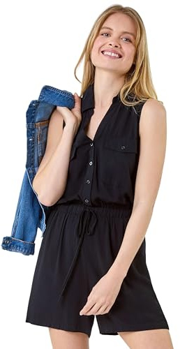 Roman Originals Button Through Utility Playsuit for Women UK - Ladies Everyday Holiday Spring Summer Shirt Collar Comfy Soft Evening Vacation Work Party - Black - Size 20