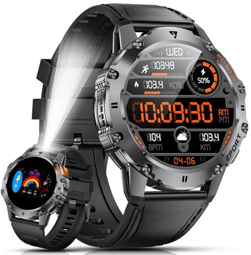 Smartwatch Herren mit LED Taschenlampe-1.43‘’ AMOLED Always-On Display,5ATM Wasserdicht Fitnessuhr mit 110+Sport Modi,2 Armbänders,500mAh,Militär Smartwatch mit Telefonfunktion für iOS Android Leder