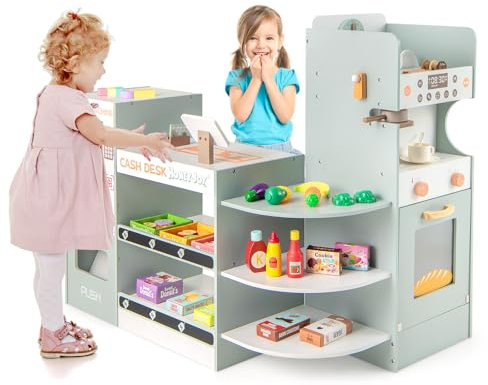 HOMASIS Supermarkt Spielset mit 30 Zubehör, Holz Kaufladen mit Kasse, POS, Scanner, Verkaufsautomat, Tafel, Kaffeemaschine, Ofen, Kaufmannsladen Verkaufsstand Einkaufsladen für Kinder ab 3 Jahren