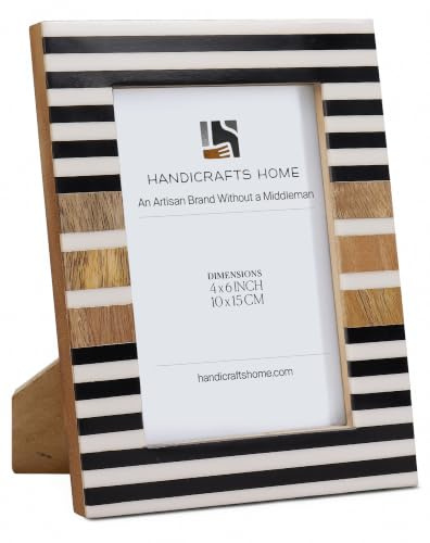 Handicrafts Home 4x6 Handmade Picture Frame, Resin Inlay & Wood Stripe Design for Tabletop & Wall Decor - Cute Photo Frames for Living Room, Bedroom, Modern Home Decor - Black, White & Natural
