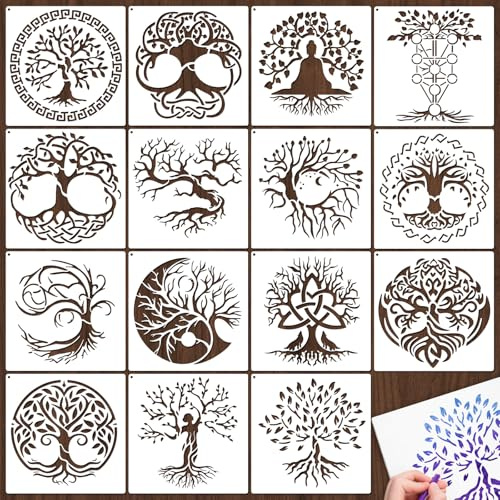 Yazhiji 15 Stück 15 x 15 cm Baum des Lebens, Schablonen zum Malen auf Holz, Dekoration, Malvorlagen für Wand, Boden, DIY-Dekorationen, Weihnachtsgeschenke für Kinder (Baum des Lebens)