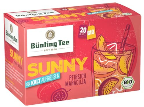 Bünting Tee Bio Sunny Sommertee, 3er Pack (3 x 20 Teebeutel) Erfrischender Kaltaufgusstee Pfirsich-Maracuja | Glutenfrei | Laktosefrei | Vegan | ohne Zuckerzusatz