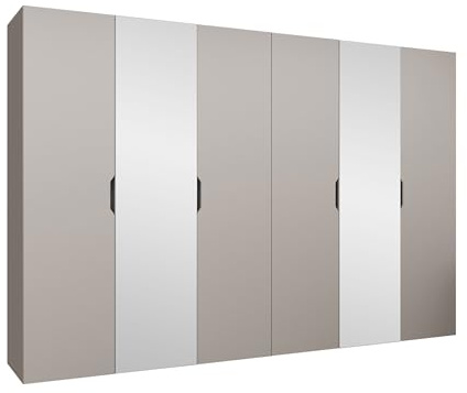 Mirjan24 Kleiderschrank mit Spiegel, Einlegeböden und Kleiderstange Midere 300, Vielseitiger Drehtürenschrank, Elegantes Kleiderschrank 6-türig (Cashmere)