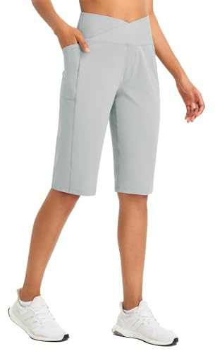 baleaf Womens Shorts Ladies Bermuda Running Long Short 14 Knee Length High Waisted Gym Shorts with Pockets Yoga Ice Grey XS