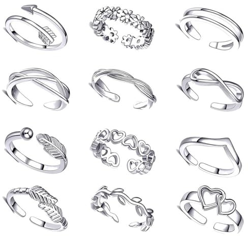 Krysel 12Pcs Adjustable Open Toe Rings for Women - Silver Plated Stackable Minimalist Foot Jewelry for Everyday Wear