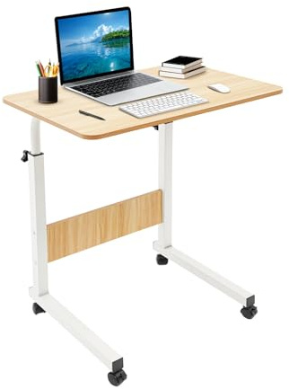 PBTERDTF Höhenverstellbarer Schreibtisch mit Rollen, Mobiler Laptop Tisch mit Bremse Rollbarer Tisch Computertisch für Sofa Bett Home Office, MDF Eisen Weiß Holz 60x40cm