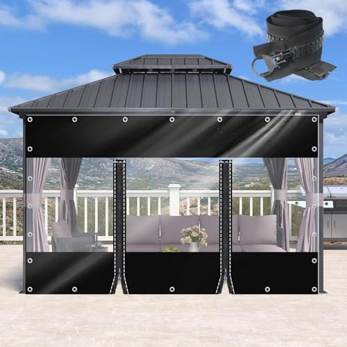 Cortinas De Lona Alquitranada 100% Impermeables Con Cremalleras,Paneles Laterales De Lona Transparente Negra,Cortinas Para Exterior,Lona De Plástico Pvc De 0,3mm Con Ojales,2Zip-2×3m(6.6*9.8ft)