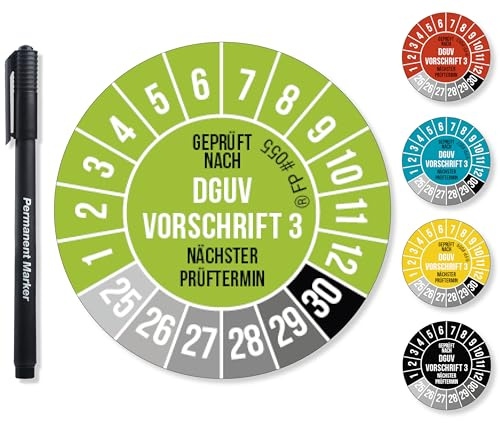 Frank Paperman® DGUV V3 Prüfplaketten inkl. Folienstift, Prüfplaketten Nächster Prüftermin, UV-beständig, Hohe Klebkraft, 5 Farben, 2 Größen (120, Grün, 20 mm)