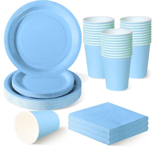 ZblPyro 120pcs Light Blue Party Plates Cups and Napkins for 30 Guests | 7-inch & 9-inch paper plates, cups, napkins, baby shower for boy, pool party, summer celebration