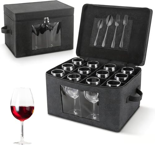 Wine Glass Storage Box with Lid, Hard Shell Stemware Storage Container with 12 Dividers, Glassware Packing Box for Moving Crystal Wine Glasses, Champagne Flutes, Drinkware Organizer (Black)