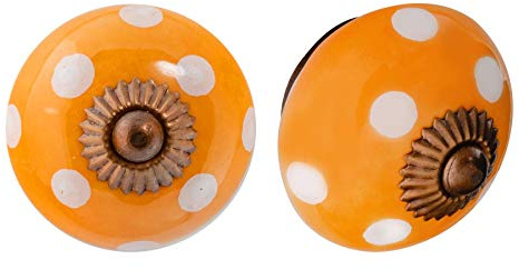 Nicola Spring Ceramic Cupboard Drawer Handle Knobs - Polka Dot Design - Orange/White - Pack of 6