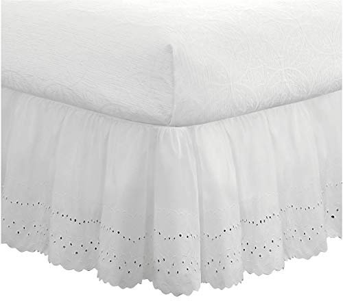 FRESH IDEAS Cache-sommier à Volants avec œillets et détails brodés, retombée de 35,6 cm, Style froncé, Queen Size, Blanc