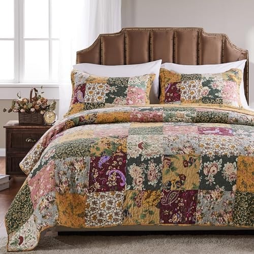 Greenland Home Bettwäsche-Set, antik-schick, authentisches Patchwork-Design, Baumwolle, natürlich, 3-teiliges Bettwäsche-Set für Doppelbett/Queensize-Bett