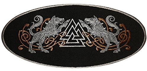 Gestickter Aufnäher Geri und Freki Odins Wölfe mehrfarbig oval silberner Rand (ca. 14 x 6 cm)