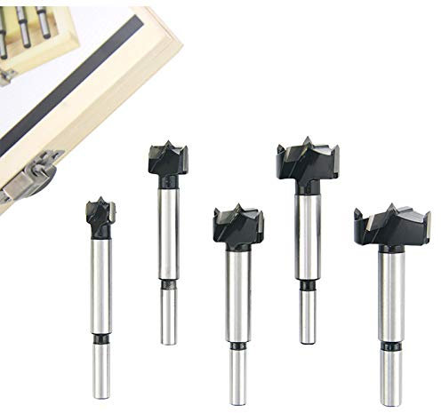 NORTOOLS TCT Forstner Drill Bits Set 5 PCS High Carbon Steel Flat-wing Drills with Carbide Tip Boring Hole Saw Cutter Set for Wood PVC Board Plastic Plate Board Door Hinge Holes 15 20 25 30 35 mm