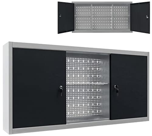 vidaXL Werkzeugschrank Wandmontage Industriell mit 3 Fachböden Lochwand Hängeschrank Metallschrank Werkstattschrank Metall Grau Schwarz