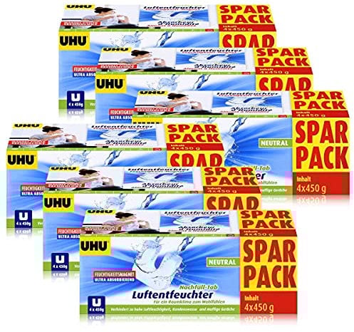 Uhu Luftentfeuchter Nachfüll-Tab Neutral 4x450g - Verhindert zu hohe Luftfeuchtigkeit, Kondenswasser und muffige Gerüche - Ultra absorbierender Feuchtigkeitsmagnet (6er Pack)