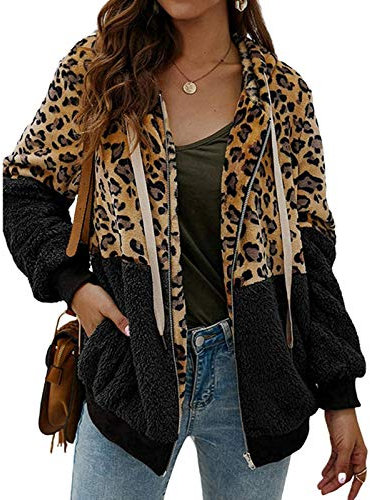 ABINGOO Cappotto Donna Casual Felpa con Cappuccio Giacca Leopardo Invernale Cerniera Giacche e Cappotti Vello Caldo Hoodies Outwear,Nero,S
