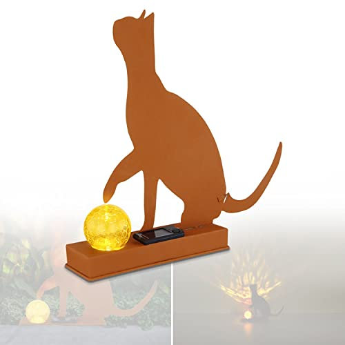 Solarlampe für Außen Stehend Katze mit Pflegetuch – Solarleuchte Garten 33 cm Hoch – Außenleuchte Gartenlampe LED – Leuchte Solar Aussenlampe IP 44 Metall Glas Amber Rostfarben Crackle