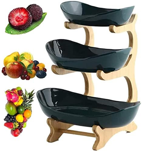 Honent Cesta De Frutas Grande De 3 Niveles, Frutero De Madera De 3 Niveles con Soporte De Bambú, Cesta Plana De Cerámica para Frutas, Bandeja para Servir para Tartas, Frutas, Postres, Aperitivos