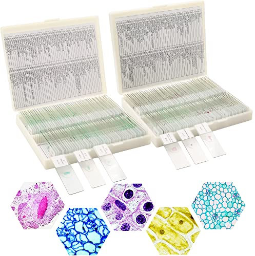 Prolee 200 Microscope Slides Set, 100 Plants & 100 Animal Tissues Includes Labels and Case for Biological Science Education,