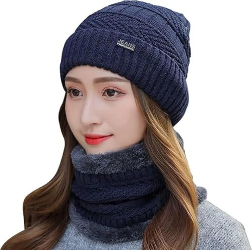 Foryo Winter Warme Mütze Beanie Schal Set Wolle Strickmütze Wintermütze und Loop Schal mit Dicke Fleecefutter für Herren und Damen (Navy blau)