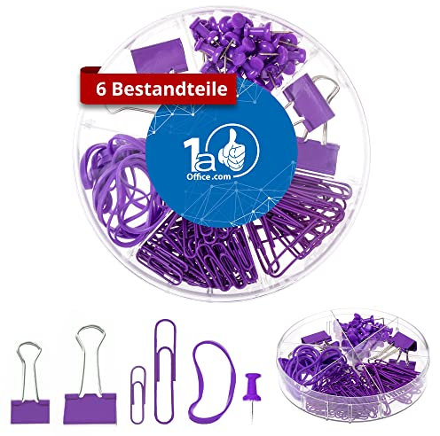 Dynatech Office-Set 170 teilig aus Büro-Klammern Klein/Groß, Pinnwandnadeln, Heftklammern in Groß und Klein und Gummibändern - Premium Büroartikel lila