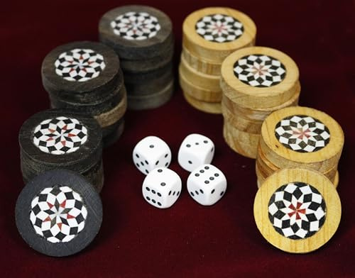 Original Handgefertigte Holz Backgammon DAMA Mosaik Steine 30 Stück aus Holz in Handgefertigt Samtbeute mit 4 Würfelsteine (Ø33 mm)