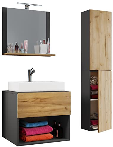 VCM 4-piece wash place washbasin bathroom furniture set sink Lendas II 4-piece wash place washbasin bathroom furniture set sink Lendas II Anthracite/honey oak 60