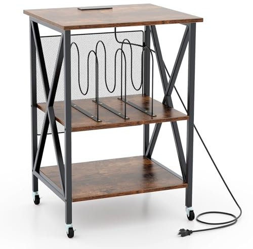 LIFEZEAL Mesa Auxiliar con Soporte para Discos, mesilla de Noche con estación de Carga integrada de 3 Niveles con Ruedas, Soporte para Discos con Patas en Forma de X, Estilo Vintage