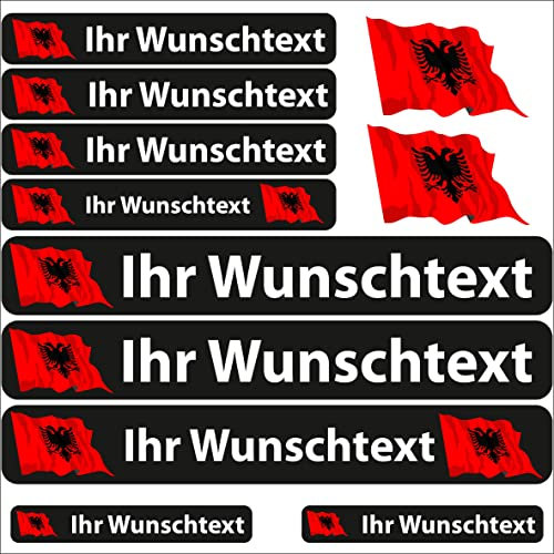 INDIGOS UG - Aufkleber Albanien - 13 Flaggenaufkleber - Fahne wehend Sticker selbst gestalten mit Namen & Wunschtext personalisiert- Fahrrad - Autoaufkleber - Motorrad - Rennfahrer