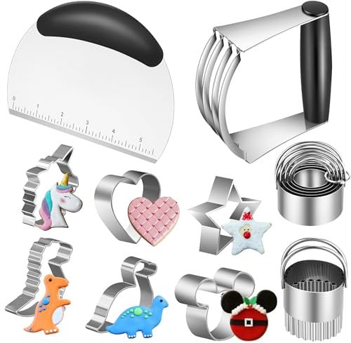 MINO ANT Stainless Steel Cookie Cutters, Pastry Cutter, Dough Cutter & Biscuit Cutter Set For Baking (10 Pcs/Set), Mickey Unicorn Dinosaur Heart Star Cookie Cutters for Kids Birthday Party
