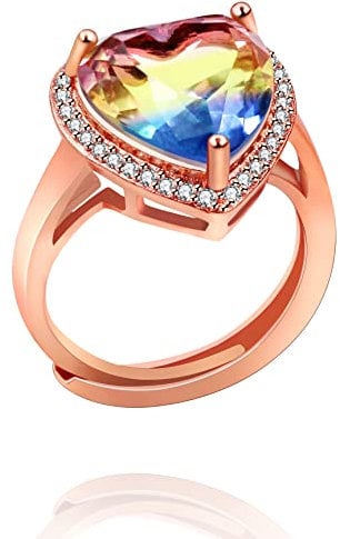 Uloveido Bague élégante en forme de cœur avec cristal pour femme, petite amie, plaqué or rose, cœur en oxyde de zirconium, taille réglable pour mère, grand-mère, Métal non précieux, Zircone cubique