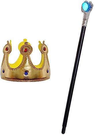 jerbro 2pcs Krone König Königin Kostüm + Königs-Zepter für Damen Herren Halloween Erwachsene Mottoparty Theater Fasching Cosplay Karneval Verkleiden (Blau)